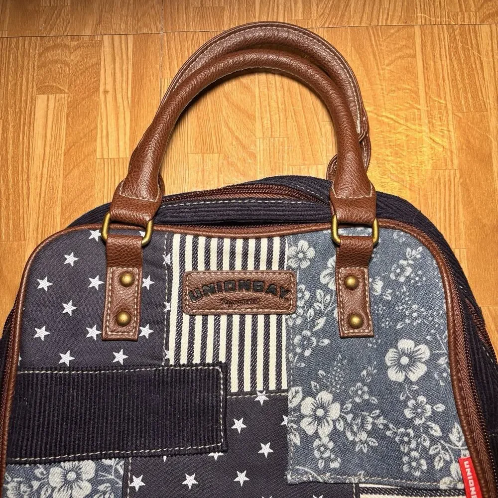 Union Bay Patchwork Corduroy & Faux Leather Satchel Handbag – Blue/Brown